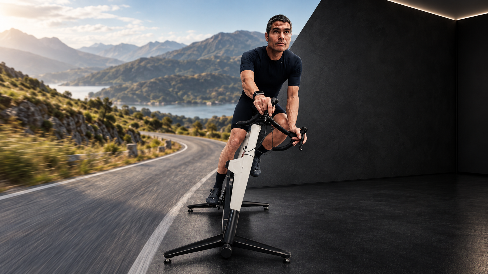 Rider out of the saddle on a white MUOV bike, a mountain road opening out beside the studio wall