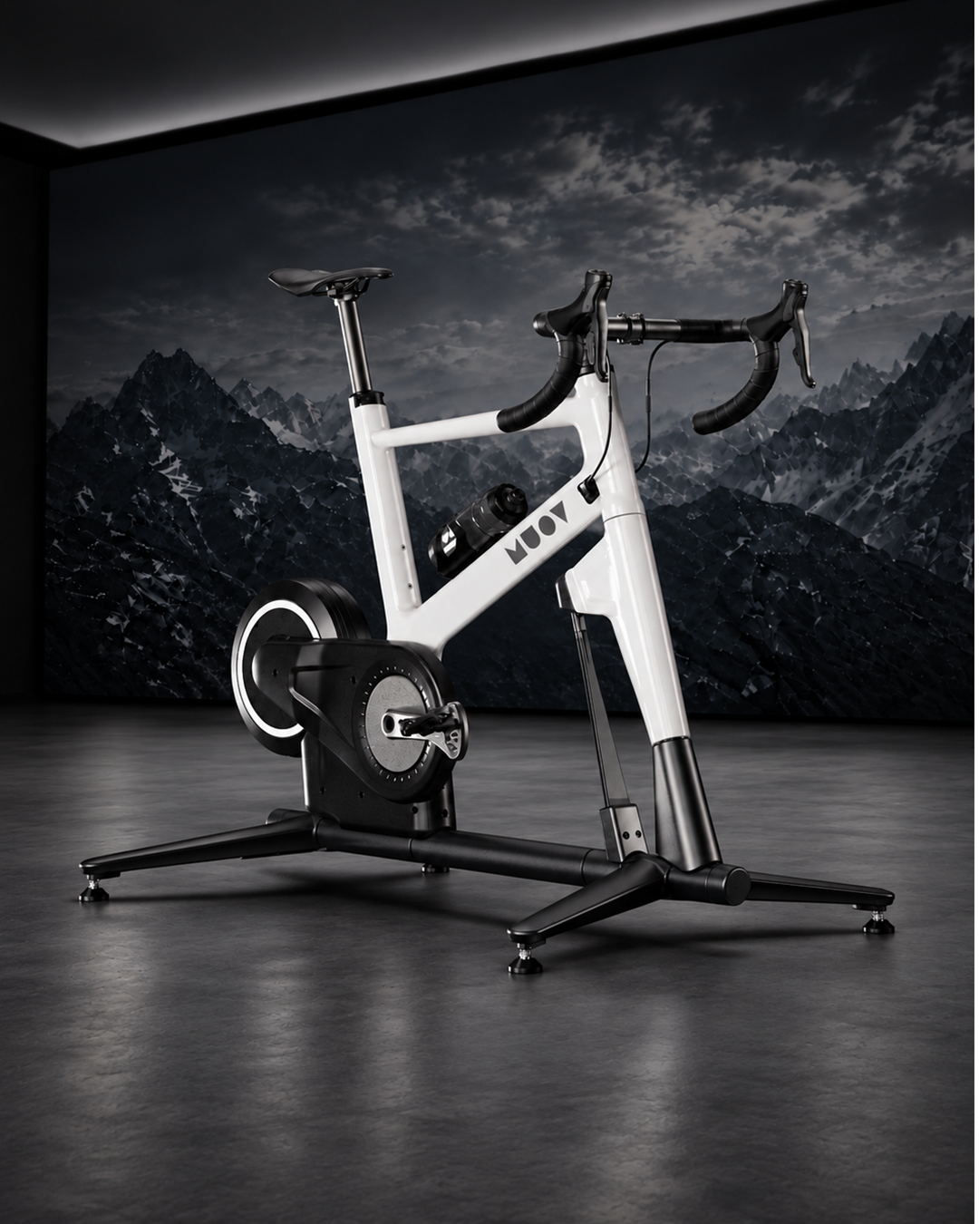 A white MUOV indoor bike in a dark studio, set against a monochrome mountain backdrop