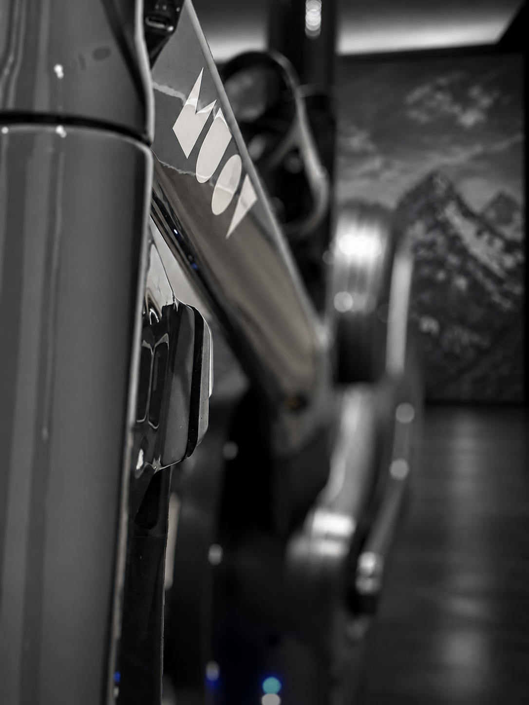 Close detail of a MUOV frame and logo, with a monochrome mountain backdrop behind